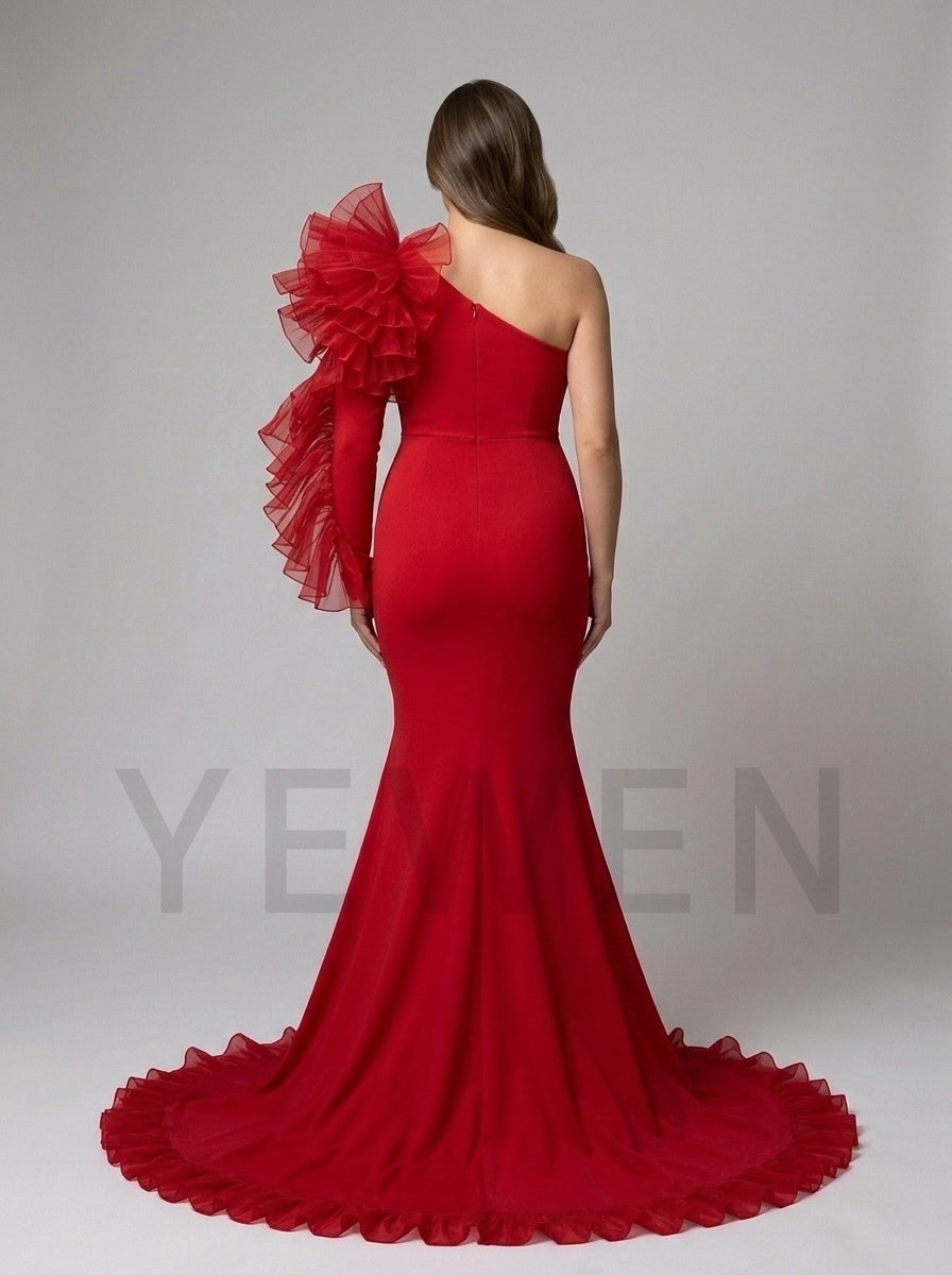 Red One-Shoulder Ruffle Mermaid Maternity Christmas Dress YD261017