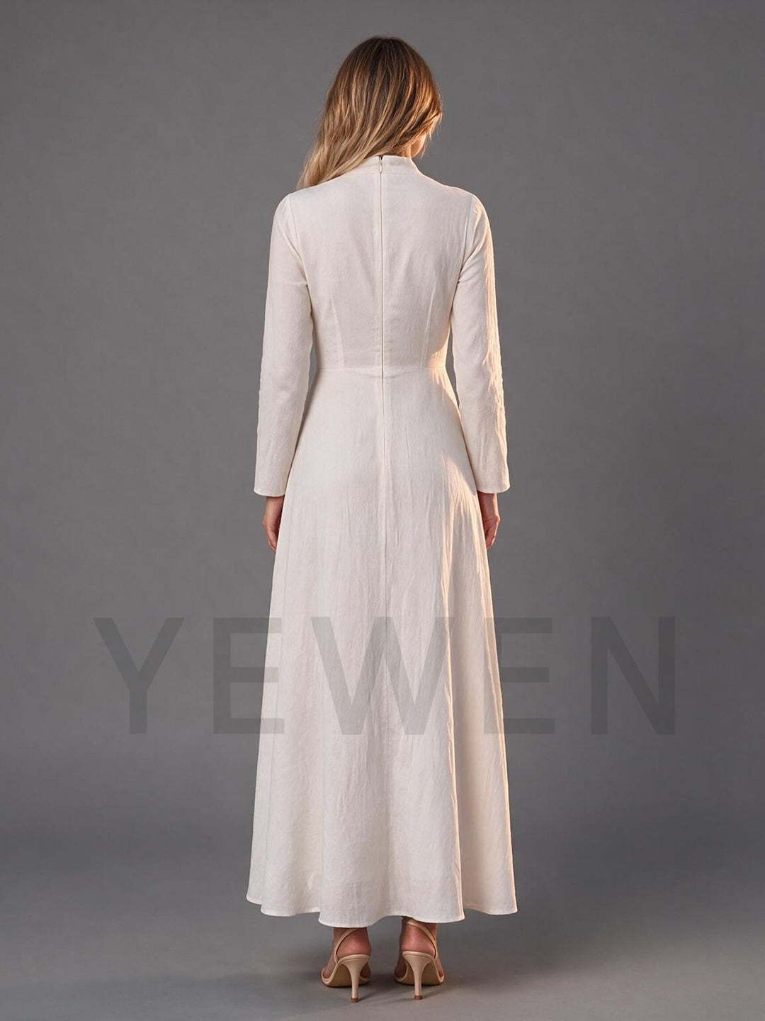 Ivory Wrap V-Neck Tie Waist Long Sleeves Boho Wedding Dress