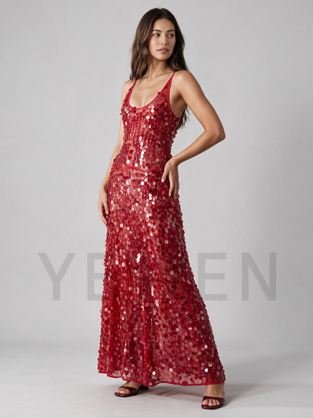 Red Paillette Sequin Spaghetti Strap Christmas Party Gown YW2610211