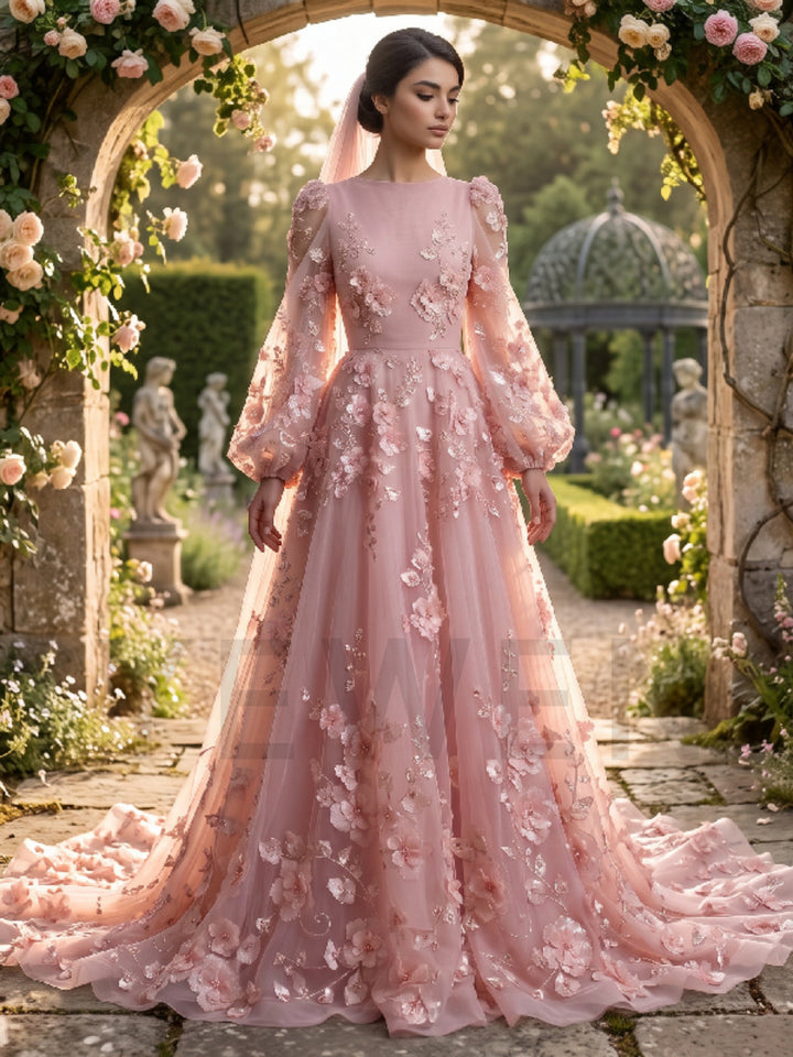Pink 3D Floral Puff Long Sleeves Evening Gown with Train YD260925