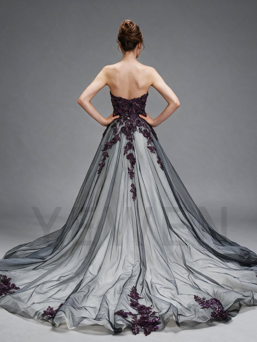 Purple 3D Floral Strapless Evening Gown with Black White Tulle YX26109
