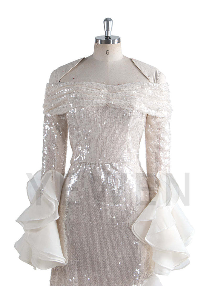 Fashion Shiny sequins Prom Party Dress Long sleeve Off Shoulder Asymmetrical Party Gown YW250020