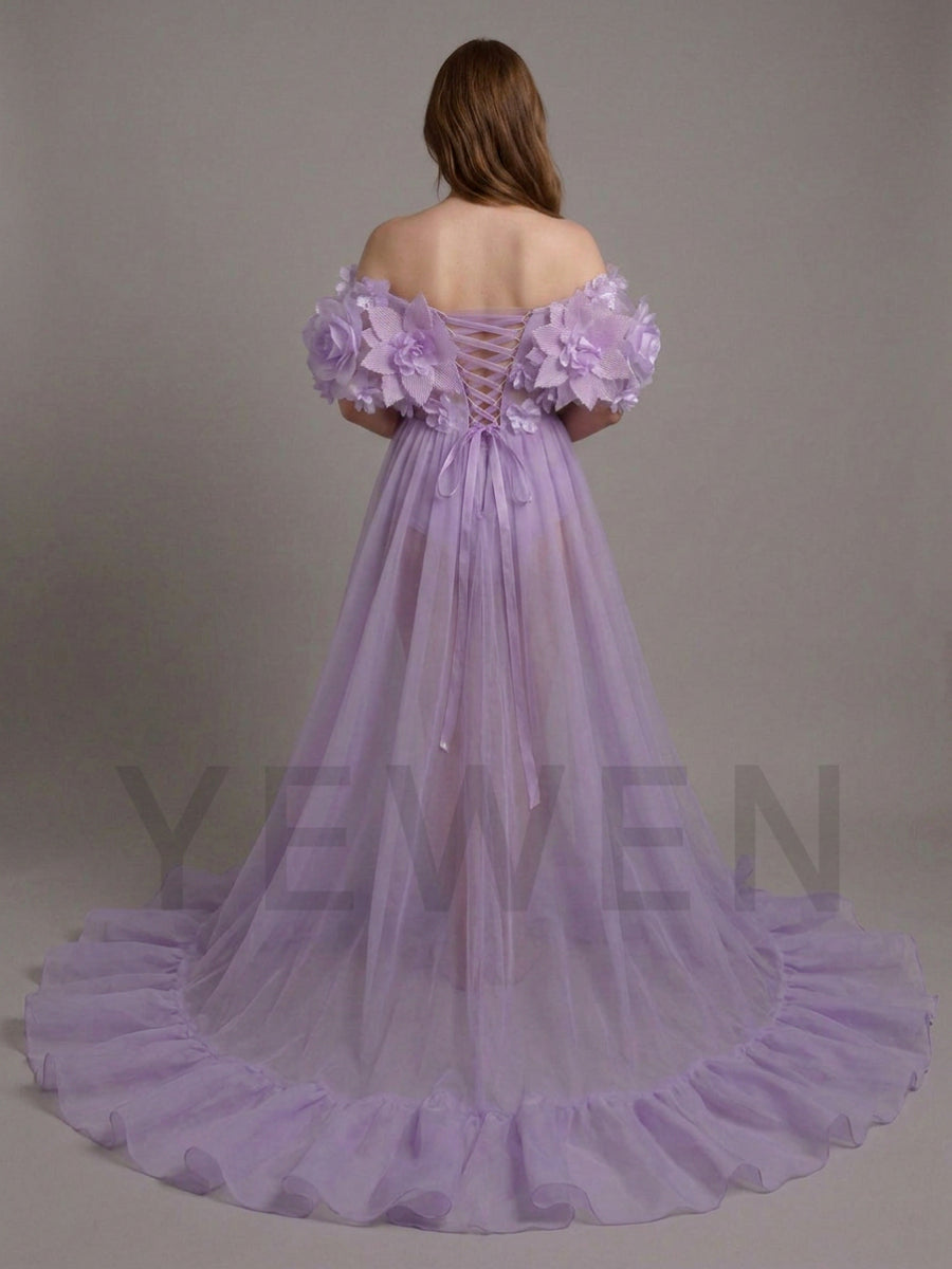 Purple One-Shoulder 3D Floral Sheer Maternity Photoshoot Gown YD260905