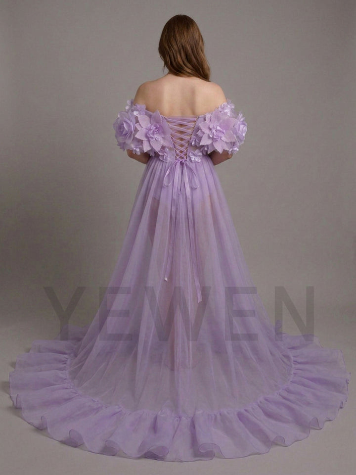 Purple One-Shoulder 3D Floral Sheer Maternity Photoshoot Gown YD260905