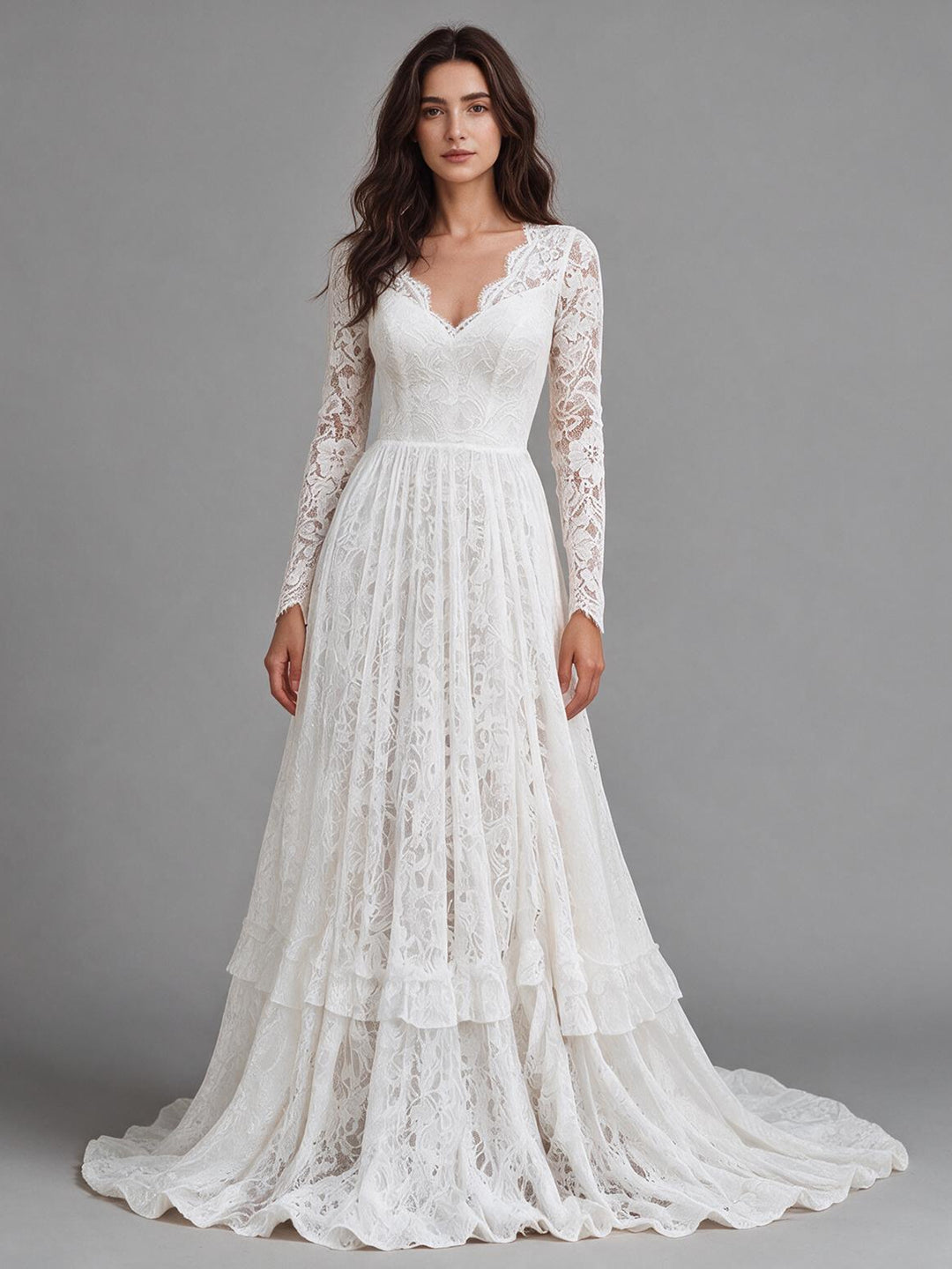 Ivory V-Neck Sheer Long Sleeve Floral Lace Boho Wedding Dress