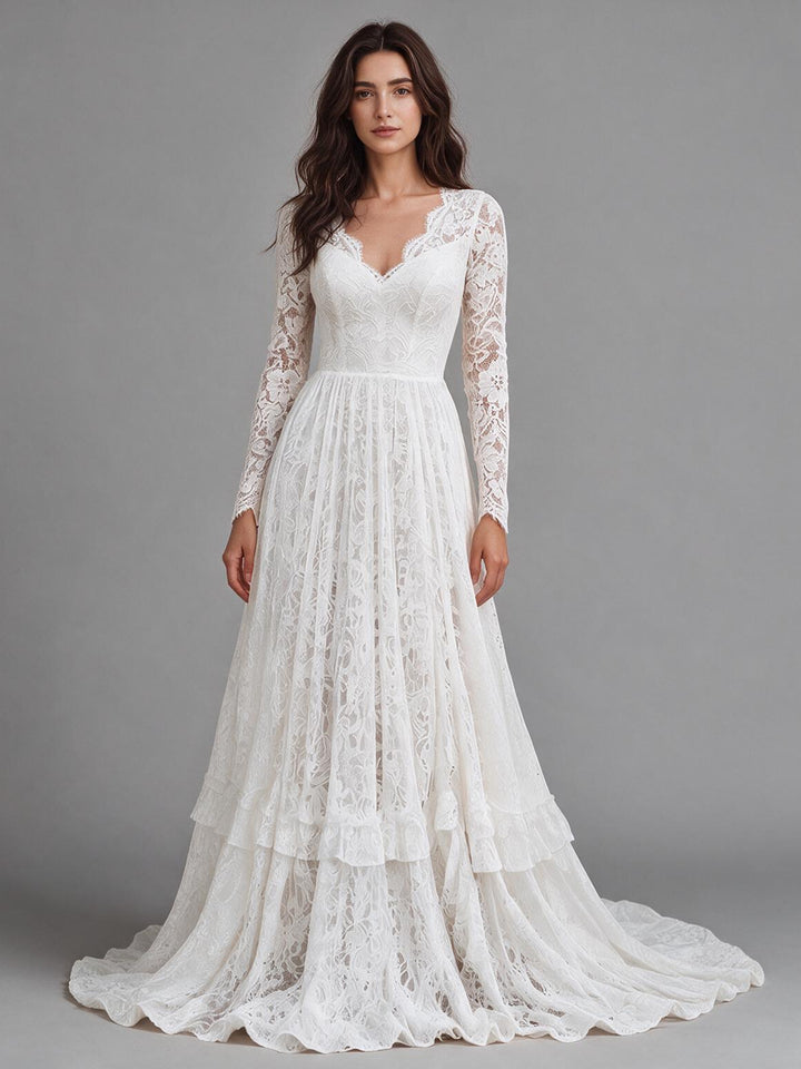 Ivory V-Neck Sheer Long Sleeve Floral Lace Boho Wedding Dress