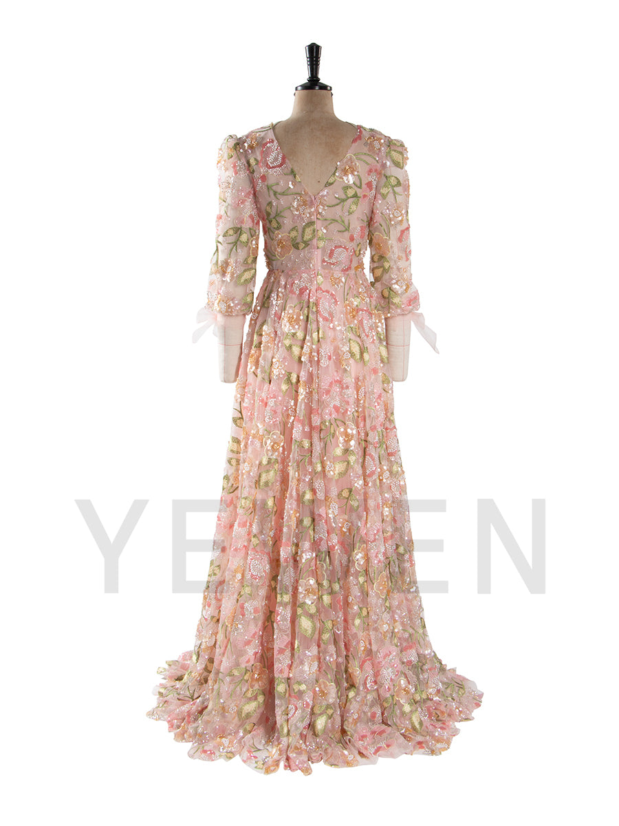 Unique Prom Dress Puffy Sleeves V Neck Embroidery Sequined Lace Evening Gown YW250079