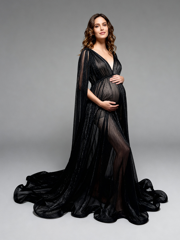 See Thru Black Long Cape Sleeves Mesh Maternity Dress for Photo Shoot