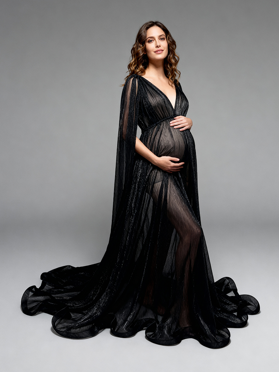 See Thru Black Long Cape Sleeves Mesh Maternity Dress for Photo Shoot See Thru Black Long Cape Sleeves Mesh Maternity Dress for Photo Shoot
