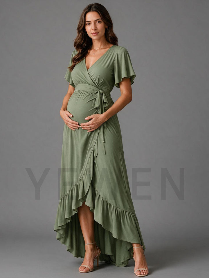 Olive Green High-Low Ruffle Hem Maternity Dress For Baby Shower