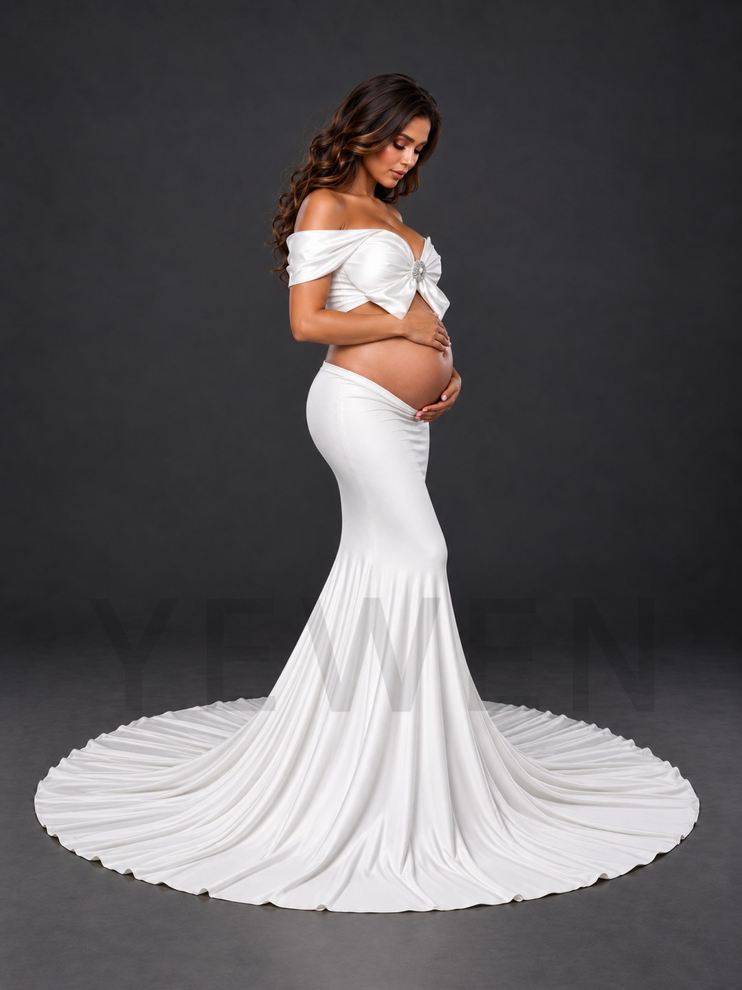 Two-Piece Off-Shoulder Bow Mermaid Maternity Photoshoot Gown HA260916