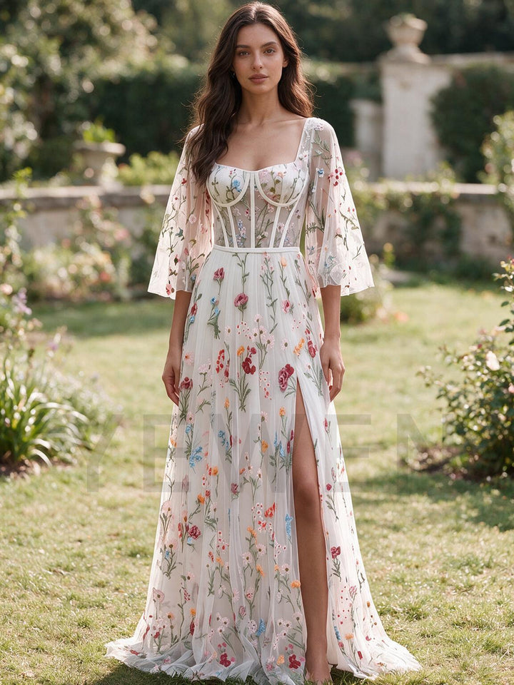 Ivory Sheer Sleeve Floral Boho Wedding Dress with High Slit Skirt