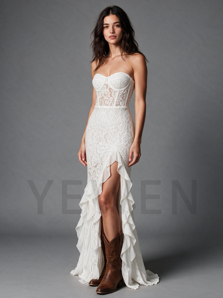 Ivory Strapless Wedding Dress with Sheer Lace Corset and Tiered Ruffle Skirt