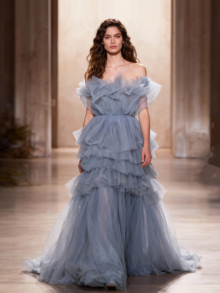 Tulle Dress for Photo Shoot Ruffled Strapless Colored Wedding Dresses YW231120