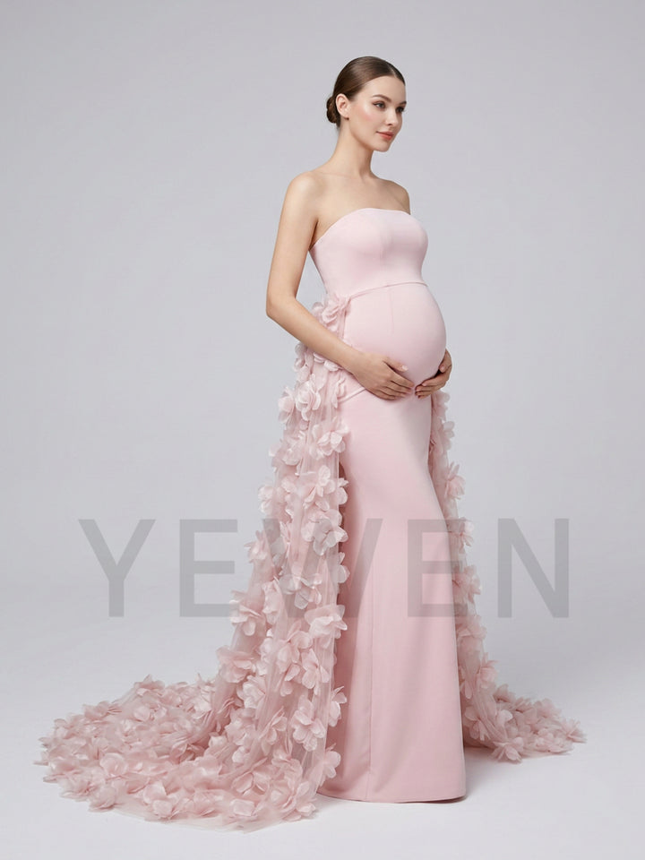 Strapless Swimwear Fabric 3D Floral Maternity Photoshoot Gown YD260907
