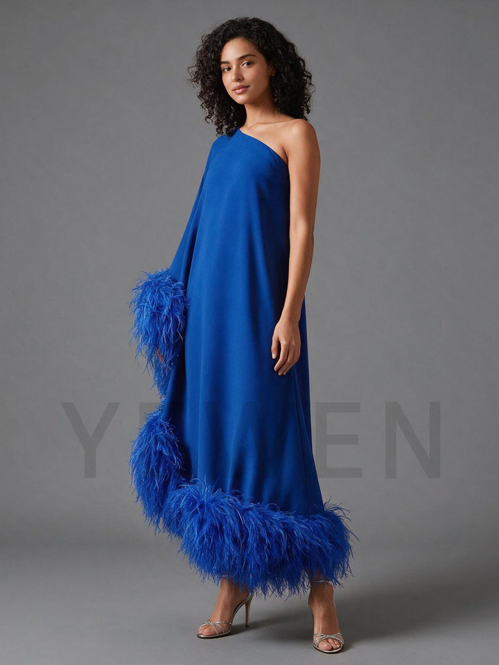 Blue One-Shoulder Poncho Ostrich Feather Satin Evening Gown YW2610064
