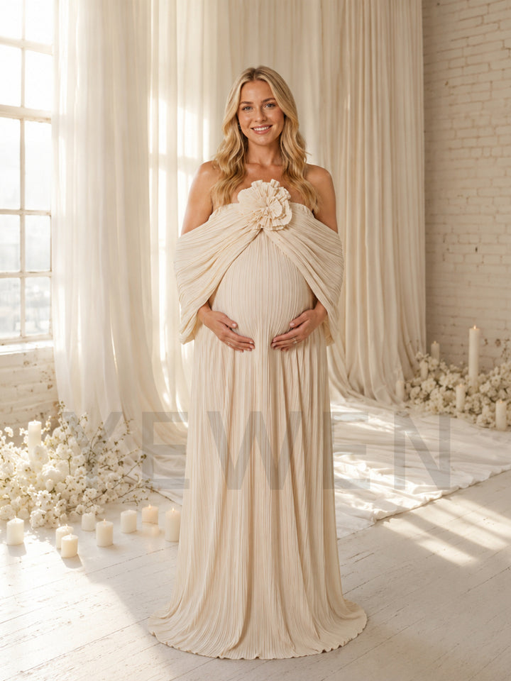 Off-Shoulder 3D Handmade Flower Maternity Photoshoot Gown HY269005