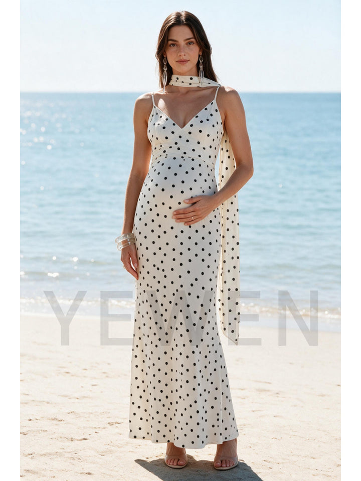 Ivory Polka Dot Milk Silk Maternity Dress For Baby Shower & Vacation YD260835