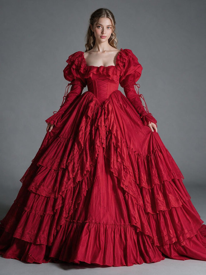 Red Lace Ruffle Off-Shoulder Puff Sleeve Princess Dress YW2609298