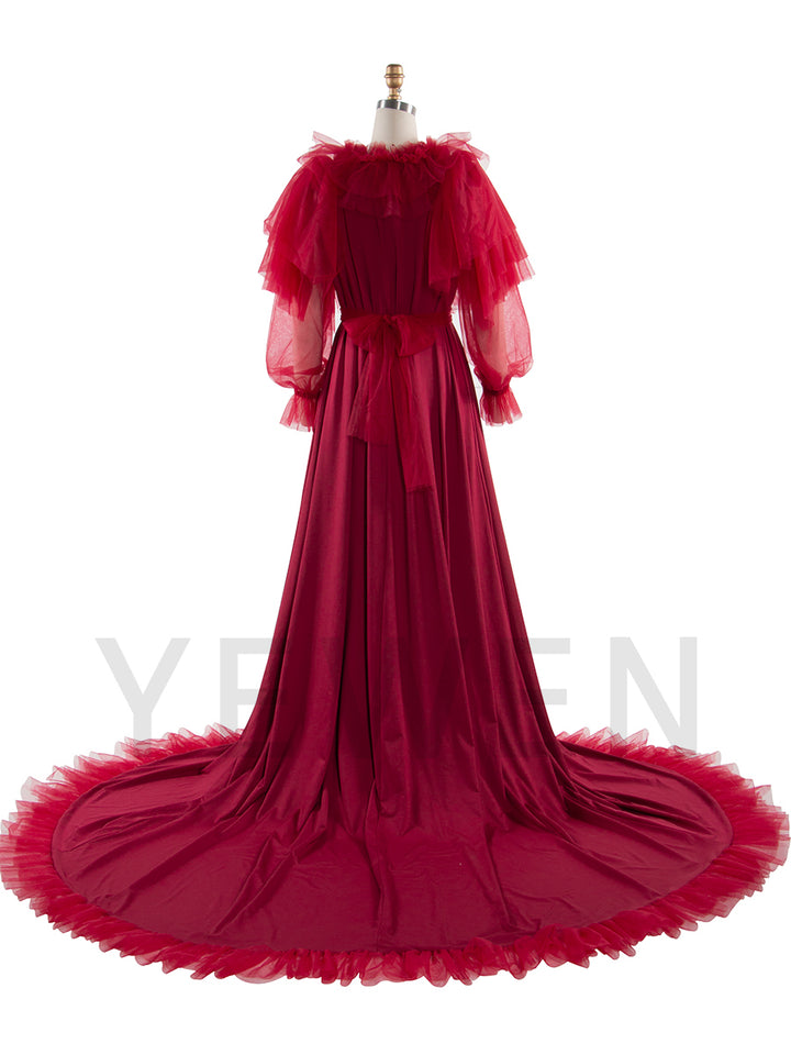 Deep Red Tulle Ruffle Gown for Photoshoots YW250073