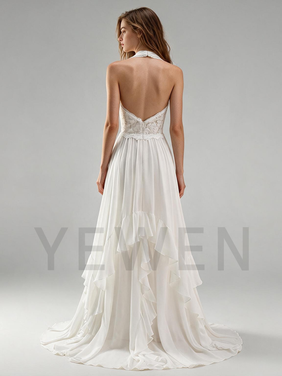 Ivory Halter Chiffon Wedding Dress with Lace Bodice and Ruffled Maxi Skirt