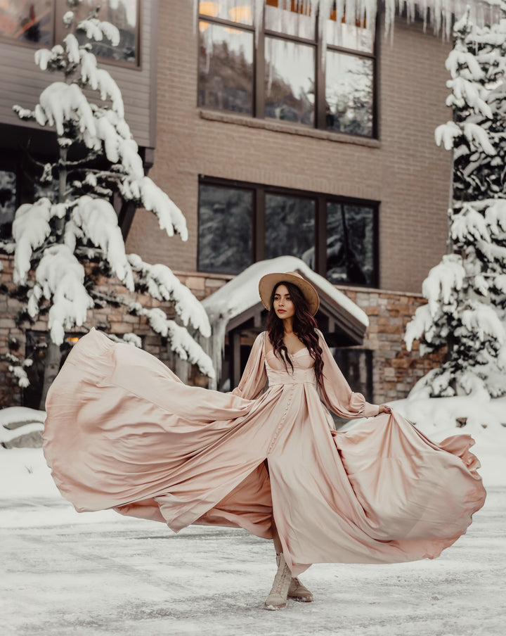 A-Line Satin Wedding Dress Lace Up Back Wedding Gown with Long Sleeves Photography Shoot Dresses YW220928