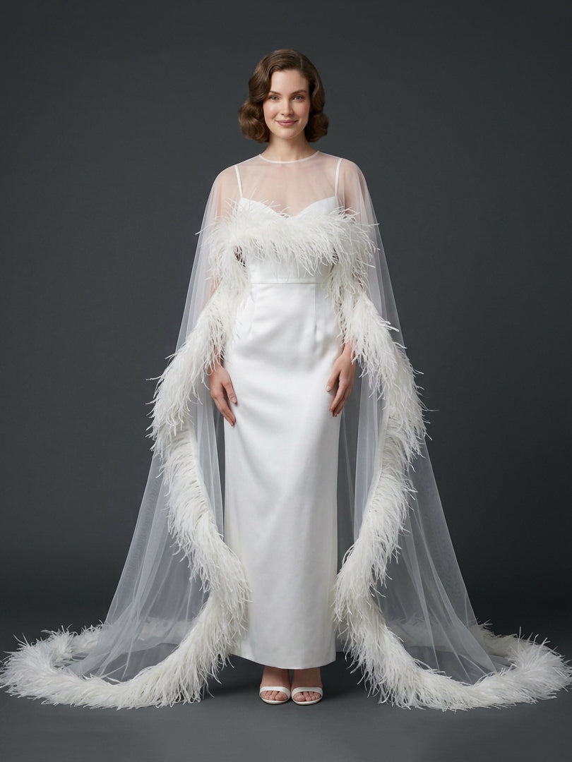 Luxurious Ostrich Feather Sheer Cape Sweetheart Evening Gown YD261011