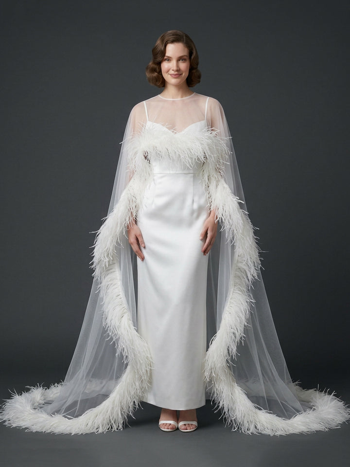 Luxurious Ostrich Feather Sheer Cape Sweetheart Evening Gown YD261011