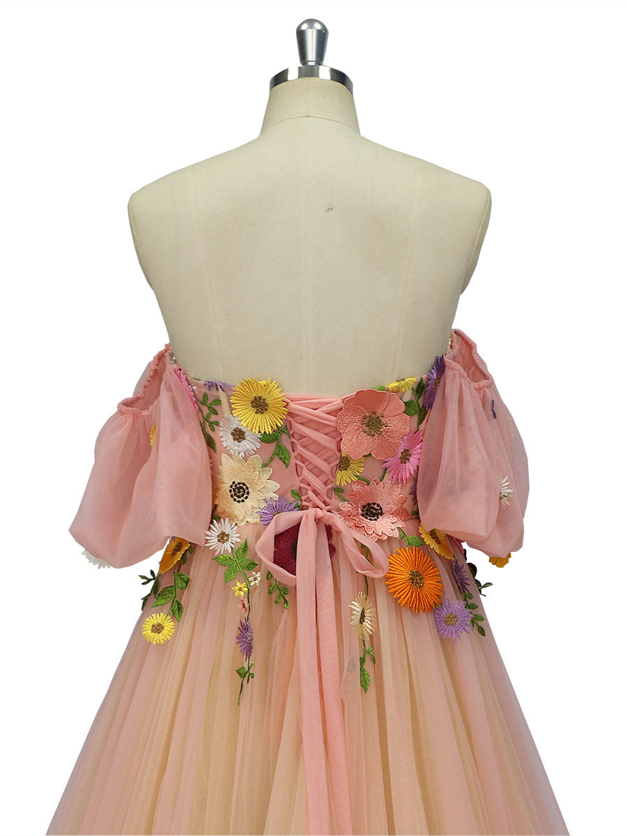 Elegant Wedding Dress with Colored Flowers Floral Embroidery Peach Tul yewendress Elegant Wedding Dress with Colored Flowers Floral Embroidery Peach Tul yewendress