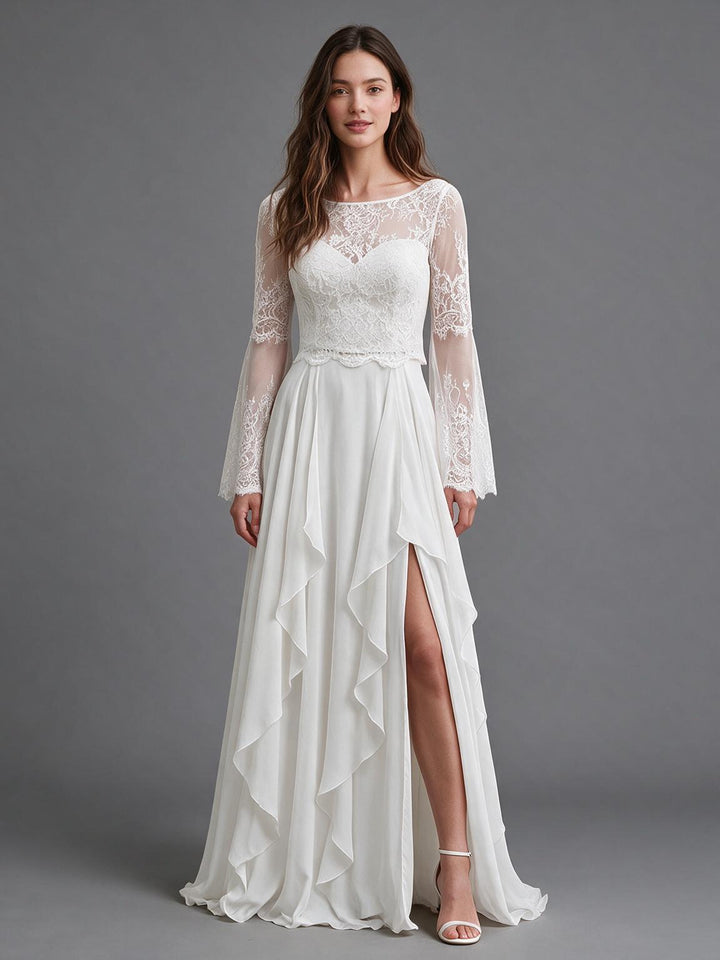 Ivory Illusion Neckline Sheer Long Sleeve Lace Boho Wedding Dress