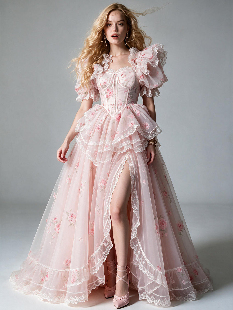 Pink Ruffle Puff Sleeve Princess Dress with High-Low Skirt WT269002