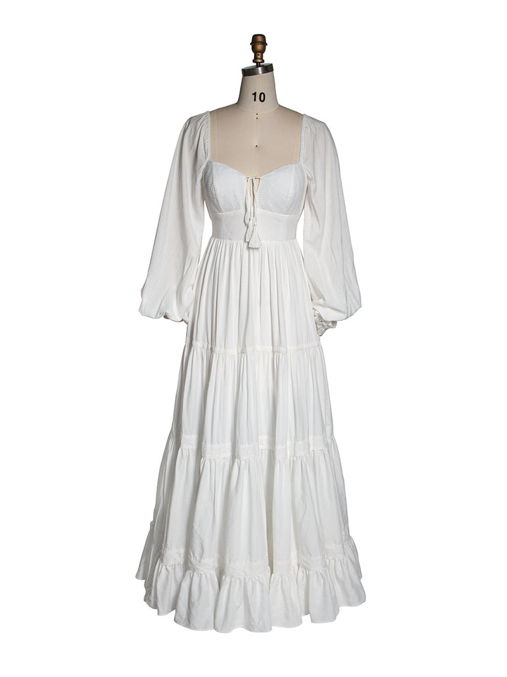 White Boho Maxi Dress Puffed Long Sleeves Beach Photo Shoot Dress YW251006