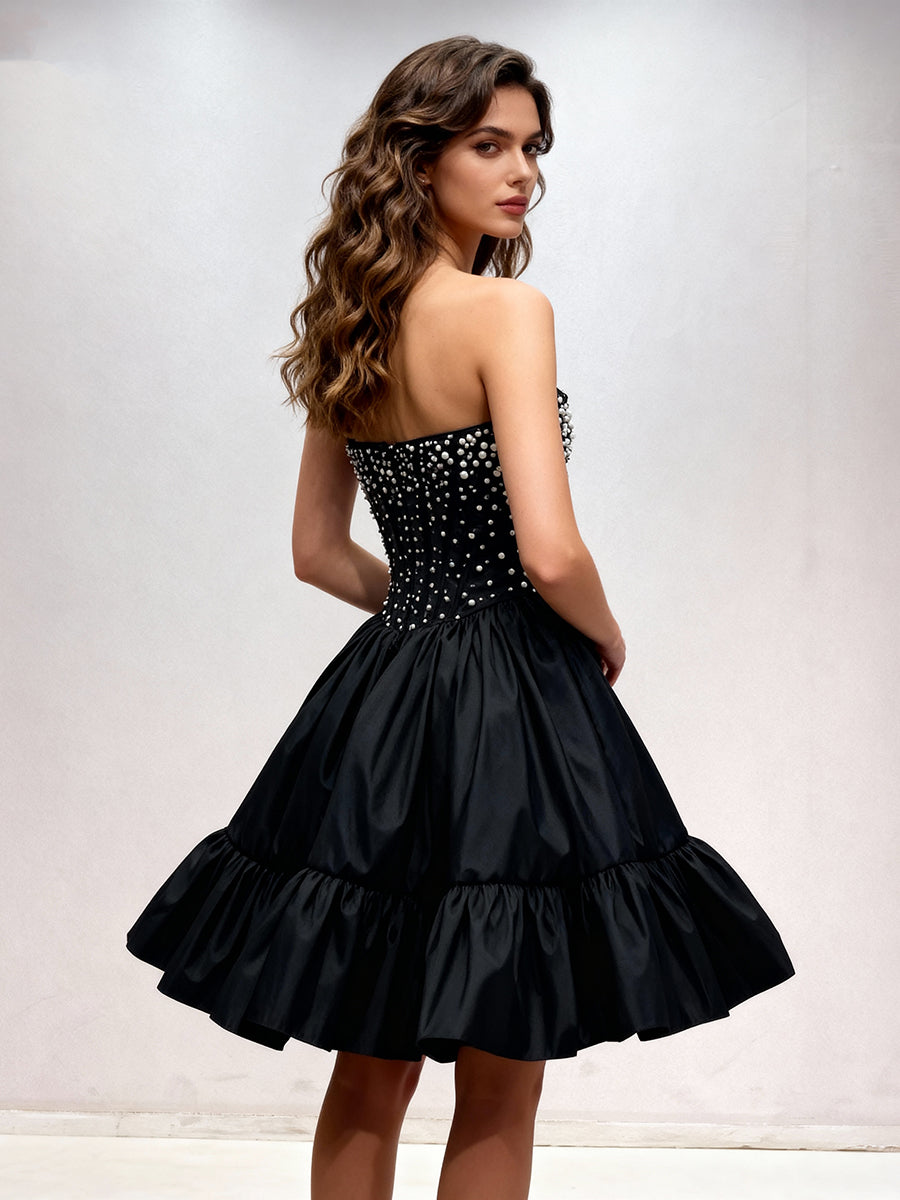 Black Beading Evening Dress Women Strapless Mini Prom Party Cocktail Dress F25168J
