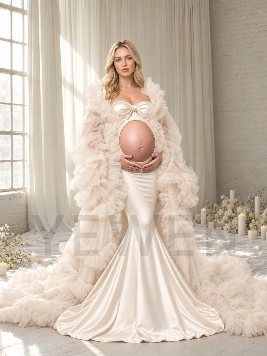 Tiered Ruffle Cape Satin Mermaid Maternity Photoshoot Gown HA260917