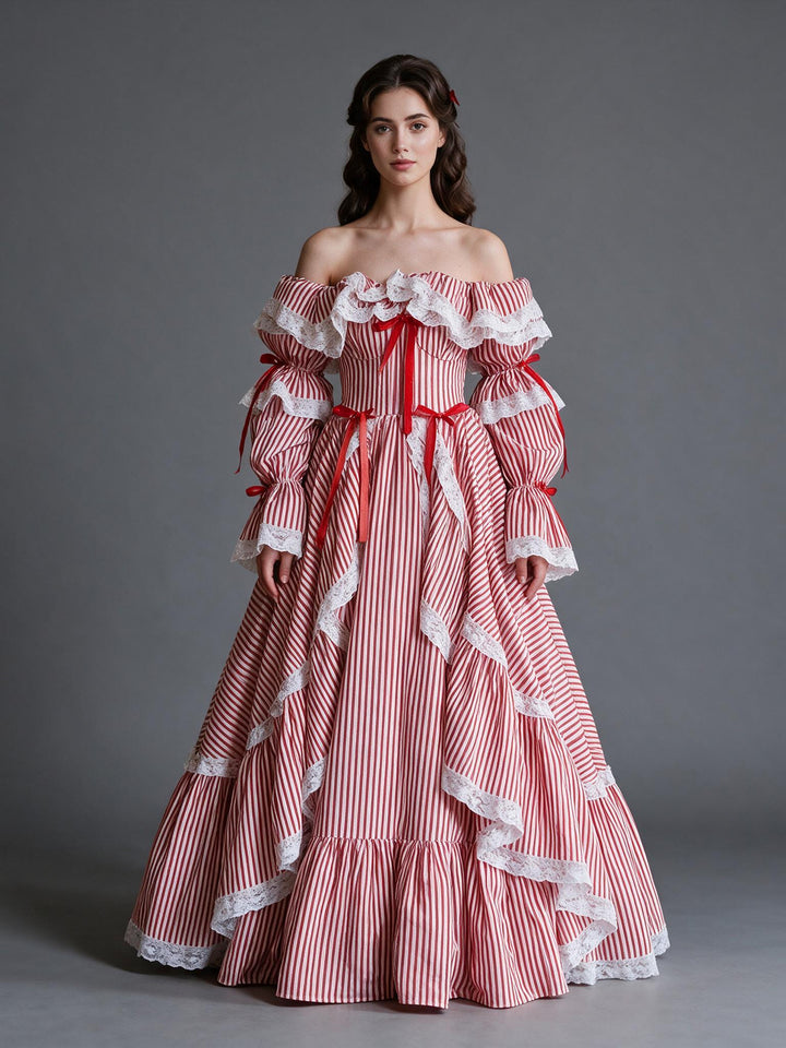 Red White Strip Lantern Sleeve Princess Dress for Christmas YW2610215