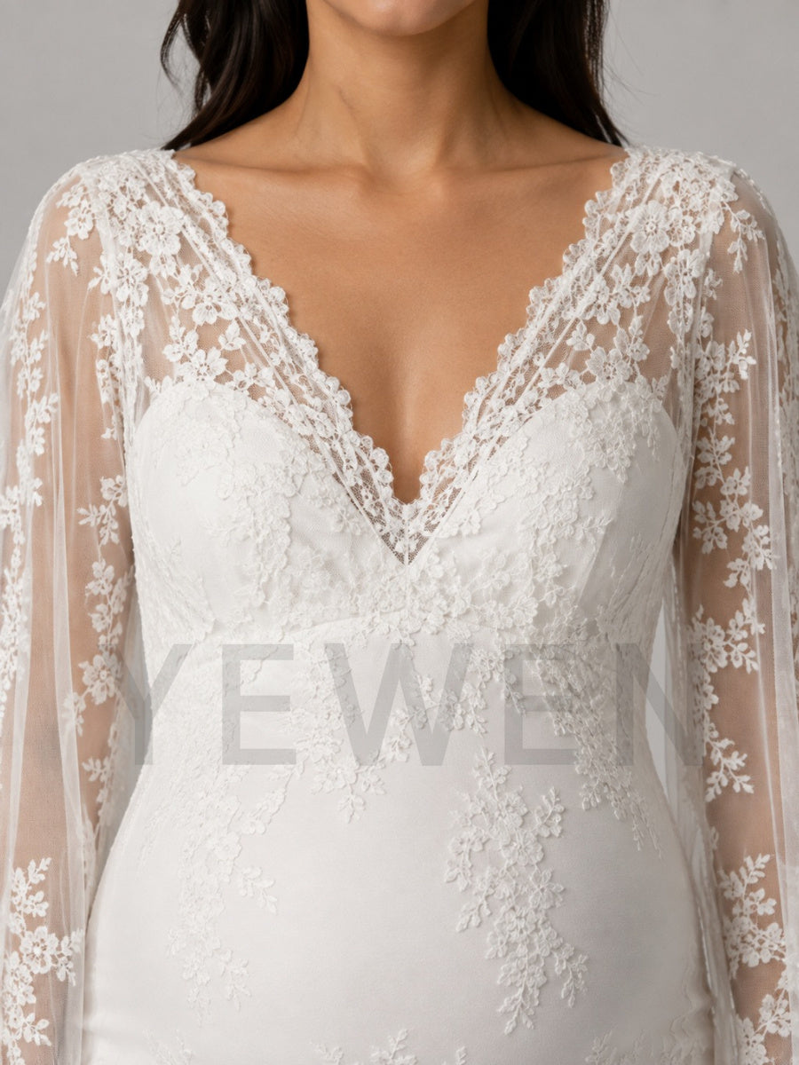 Ivory Lace Mermaid Maternity Wedding Dress with Floor-Length Cape L-26933