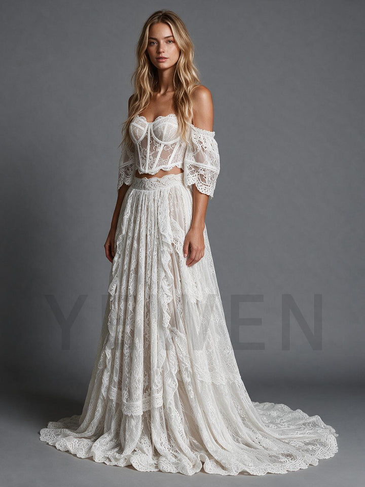 Ivory Two-Piece Off-Shoulder Draped Sleeves Lace Wedding Dress