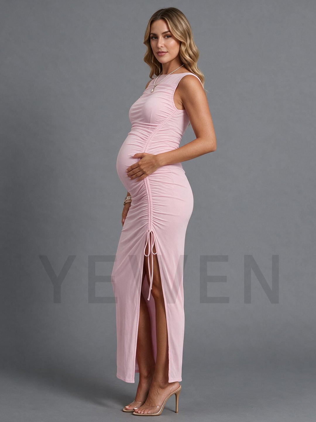 Sleeveless Ruched High Slit Maternity Dress for Baby Shower YM261004