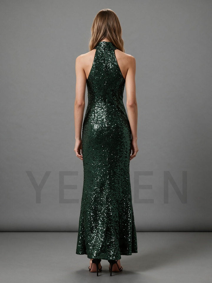 One-Shoulder Halter Sequin Fitted Maxi Dress for Christmas YW2610212