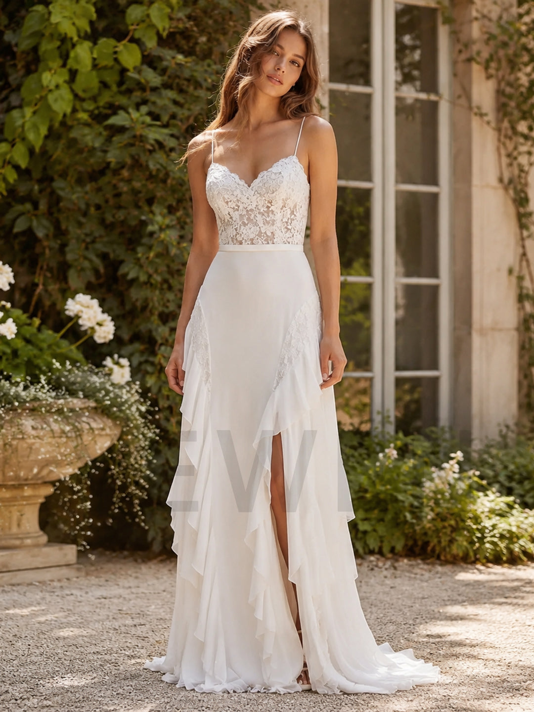 Ivory Spaghetti Strap V-Neck Sheer Lace Corset Boho Wedding Dress