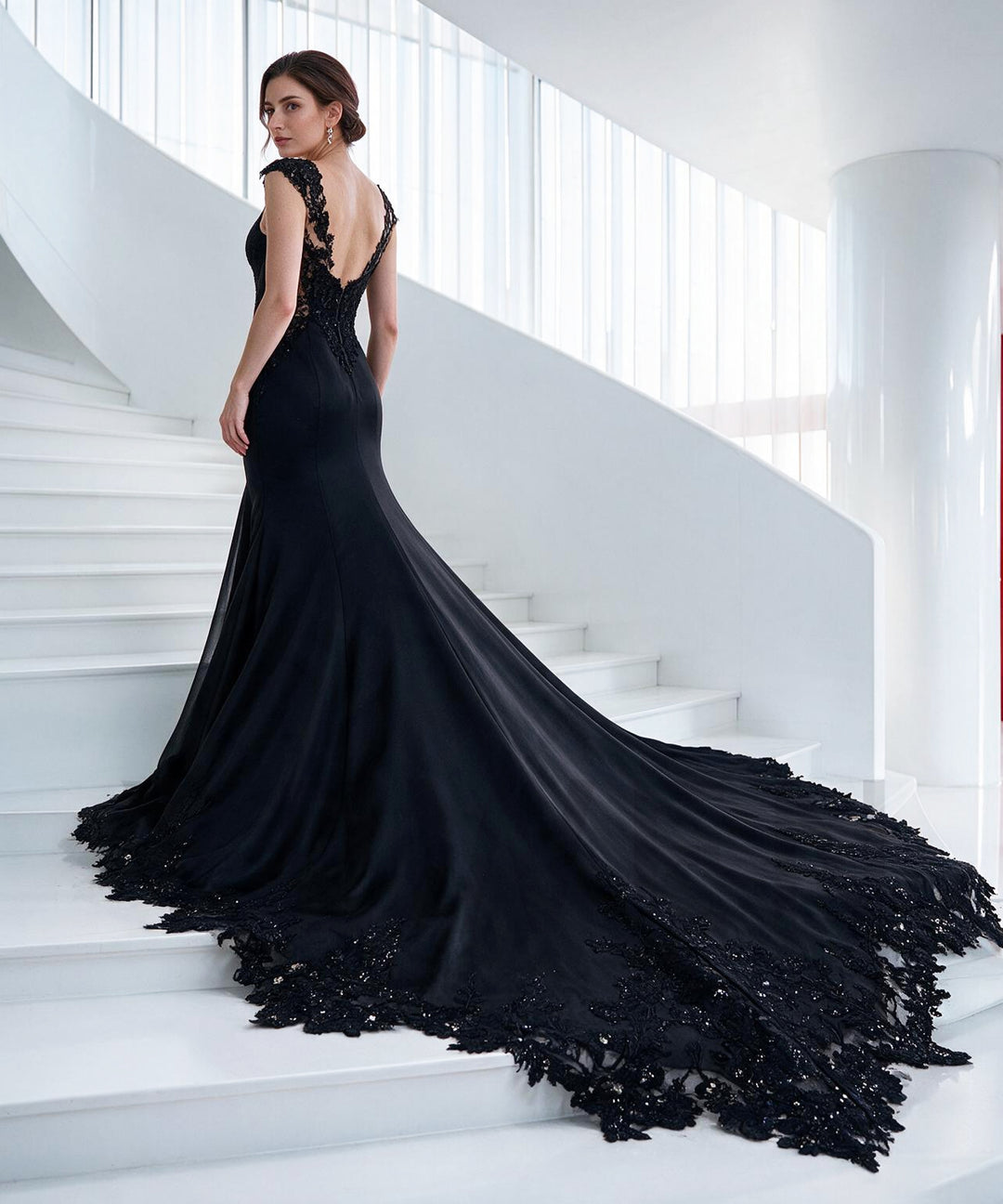Deep V-Neck Sequin Sheer Lace Fitted Mermaid Evening Gown YX26104