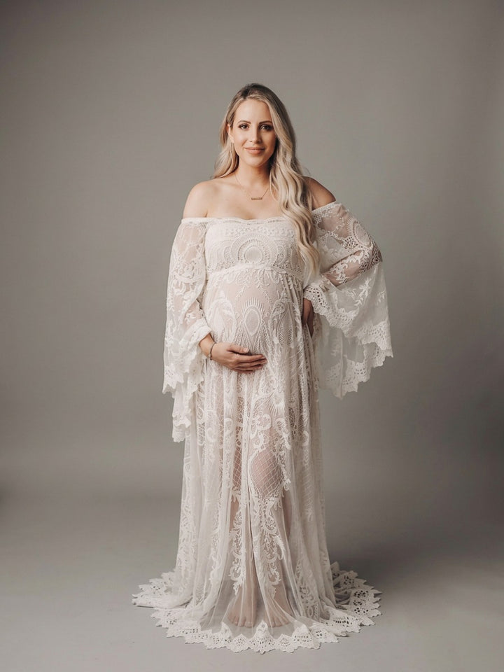 Ivory Off-Shoulder Bell Sleeve Boho Maternity Photoshoot Dress YD260840