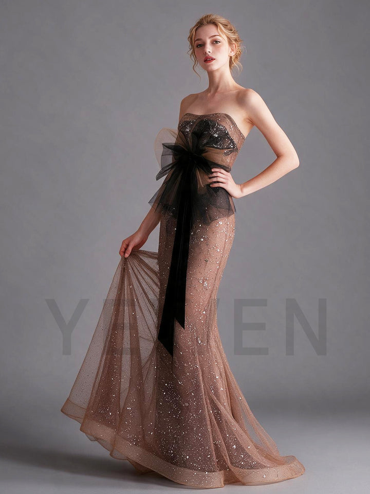 Glitter Sequin Tulle Strapless Evening Gown with Black Bow YX0010