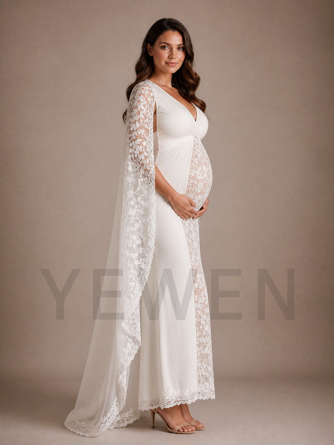White Lace Cape Maternity Baby Shower Dress ZX014