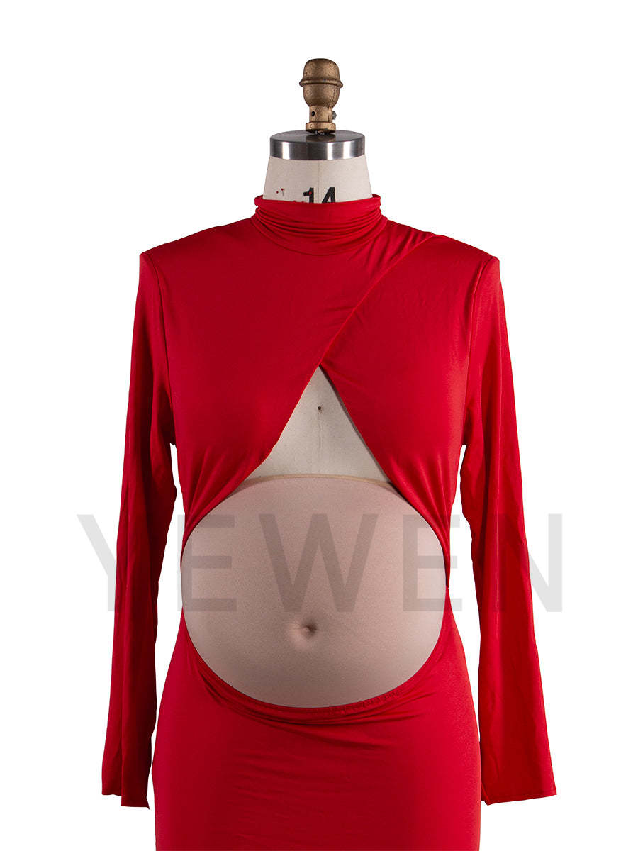 Long Sleeves Stretchy Fabric Red Maternity Dresses for Photoshoot Show Belly Baby Shower Dresses YW243168