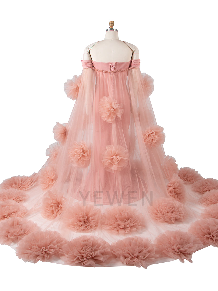 Dusty Pink Maternity Photoshoot Dress Tulle Rose Cape Mermaid Maternity Baby Shower Gown YW250074
