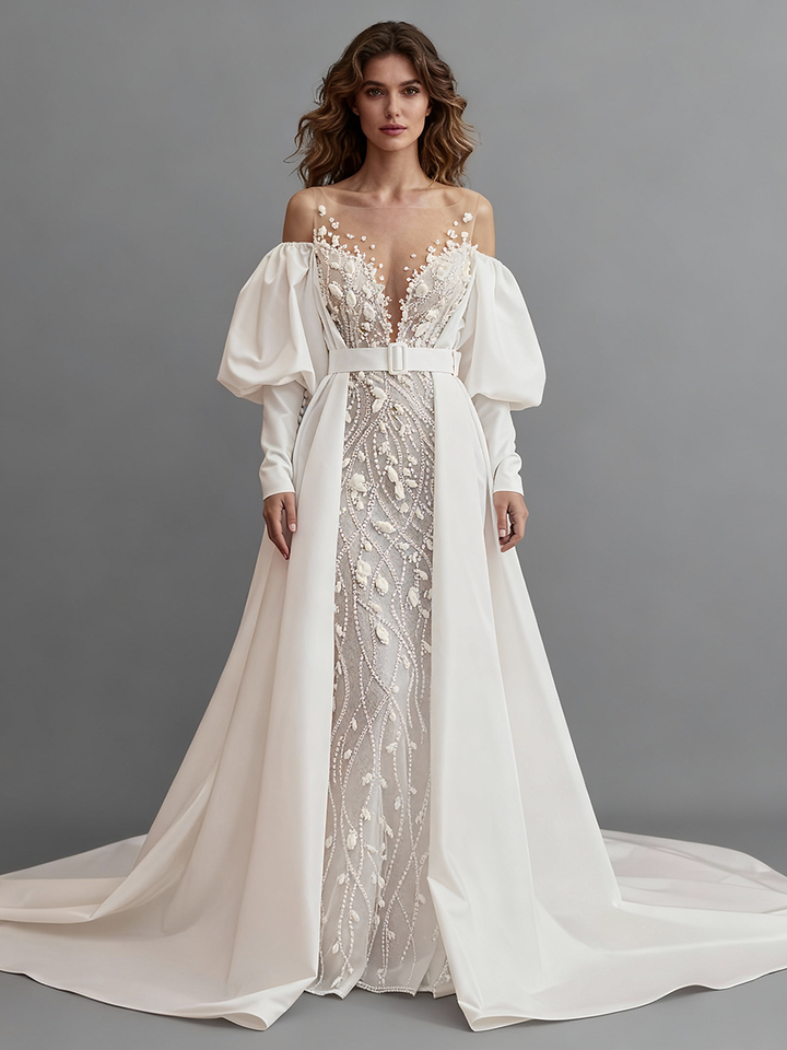 Fashion V Neck Mermaid Beads Wedding Dress Off Shoulder Long Sleeves Bridal Gown