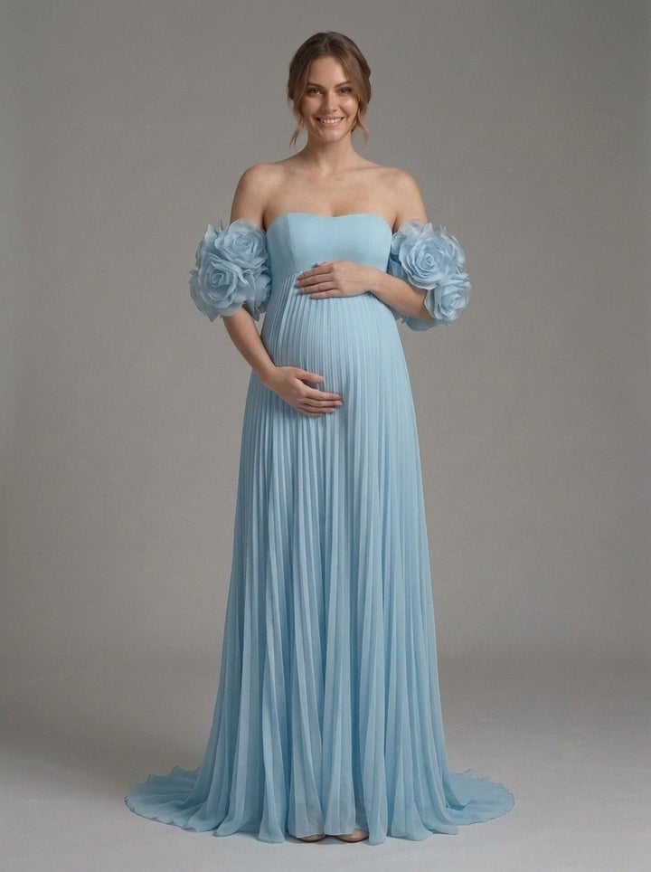 Blue 3D Rose Off-Shoulder Pleated Maternity Dress Baby Shower YD261023