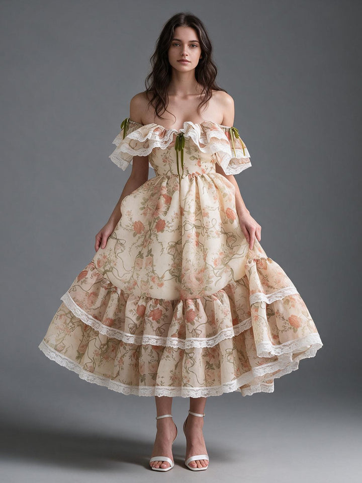 Cream Rose Floral Off-Shoulder Lace Ruffle Princess Dress YW2609291