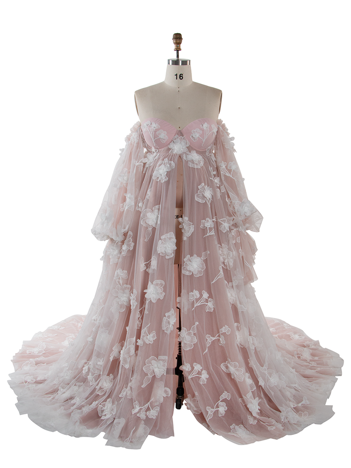 3D Floral Appliques Pregnant women Gown Photography Dress for Baby Shower Front Split YW251048